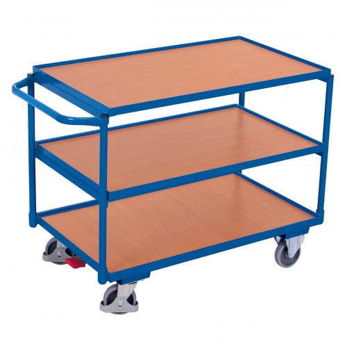 VARIOfit Tischwagen mit Schiebegriff in blau und 3 Ladeflächen im Buchedekor