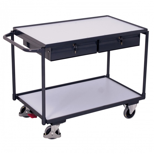 VARIOfit ESD Tischwagen mit Schiebegriff, 2 Schubladen und 2 Ladeflächen 985x595mm