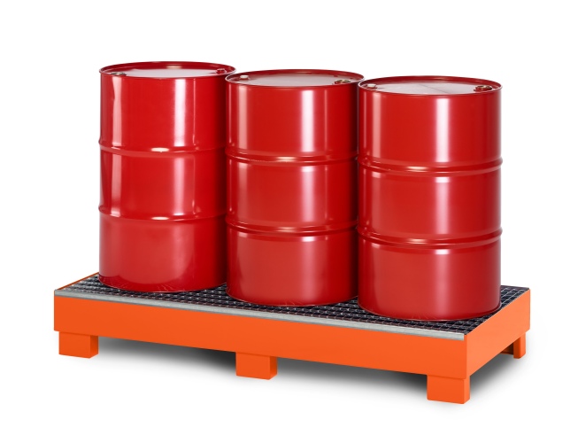 RR Industrietechnik Auffangwanne aus Stahl für 3x 200 Liter Fass mit Gitterrost RAL 2004 reinorange