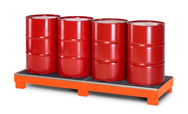 RR Industrietechnik Auffangwanne aus Stahl für 4x 200 Liter Fass mit Gitterrost BxTxH 2400x800x240 mm  RAL 2004 reinorange