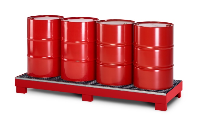 RR Industrietechnik Auffangwanne aus Stahl für 4x 200 Liter Fass mit Gitterrost BxTxH 2400x800x240 mm RAL 3000 feuerrot