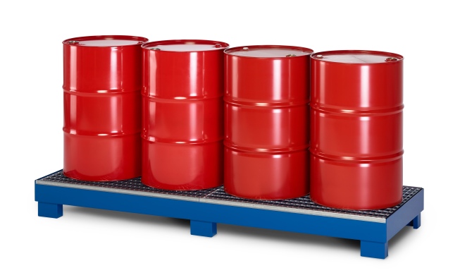 RR Industrietechnik Auffangwanne aus Stahl für 4x 200 Liter Fass mit Gitterrost BxTxH 2400x800x240 mm