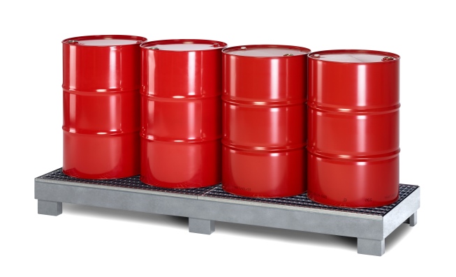 RR Industrietechnik Auffangwanne aus Stahl für 4x 200 Liter Fass mit Gitterrost BxTxH 2400x800x240 mm  verzinkt