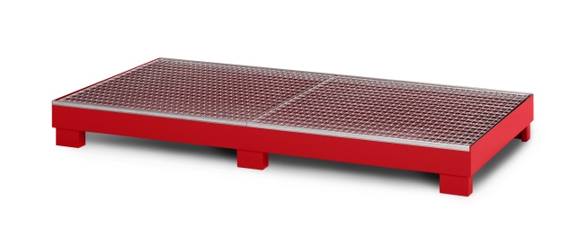 RR Industrietechnik Auffangwanne aus Stahl für 8x 200 Liter Fass mit Gitterrost RAL 3000 feuerrot
