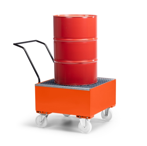 R+R Industrietechnik Fahrbare Auffangwanne aus Stahl für 1x 200 Liter Fass mit Gitterrost RAL 2004 reinorange