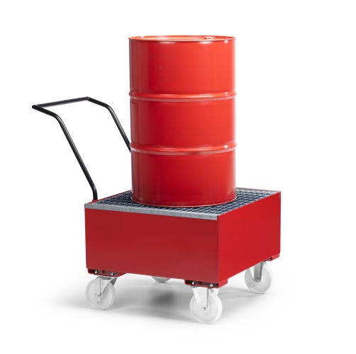 RR Industrietechnik Fahrbare Auffangwanne aus Stahl für 1x 200 Liter Fass mit Gitterrost RAL 3000 Feuerrot