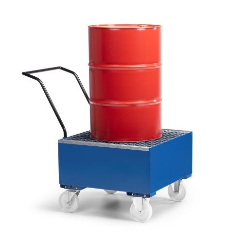 RR Industrietechnik Fahrbare Auffangwanne aus Stahl für 1x 200 Liter Fass mit Gitterrost RAL 5010 enzianblau