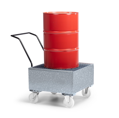 RR Industrietechnik Fahrbare Auffangwanne aus Stahl für 1x 200 Liter Fass mit Gitterrost verzinkt