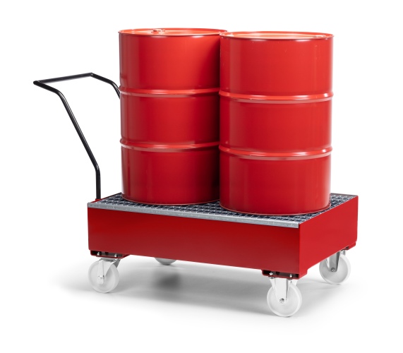 RR Industrietechnik Fahrbare Auffangwanne aus Stahl für 2x 200 Liter Fass mit Gitterrost RAL 3000 feuerrot