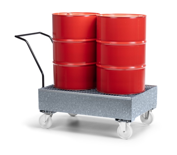 RR Industrietechnik Fahrbare Auffangwanne aus Stahl für 2x 200 Liter Fass mit Gitterrost verzinkt