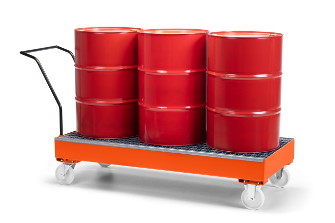 RR Industrietechnik Fahrbare Auffangwanne aus Stahl für 3x 200 Liter Fass mit Gitterrost RAL 2004 reinorange