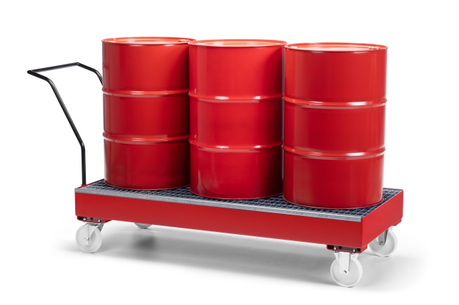 RR Industrietechnik Fahrbare Auffangwanne aus Stahl für 3x 200 Liter Fass mit Gitterrost RAL 3000 feuerrot
