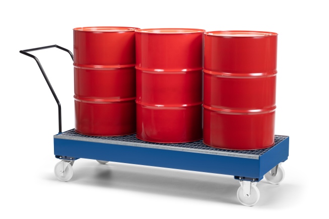 RR Industrietechnik Fahrbare Auffangwanne aus Stahl für 3x 200 Liter Fass mit Gitterrost