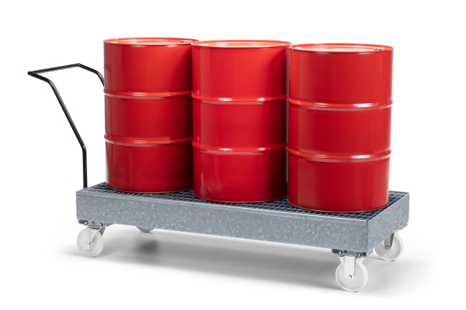 RR Industrietechnik Fahrbare Auffangwanne aus Stahl für 3x 200 Liter Fass mit Gitterrost verzinkt