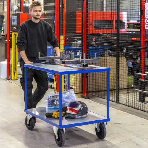 Kongamek Tischwagen in blau 870mm hoch mit Ladefläche aus verzinktem Stahlblech wahlweise mit Bremse