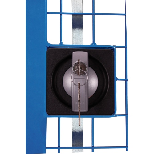 VARIOfit Etagenwagen, außen vergittert in blau mit Flügeltür, Drehgriff und 5 Ladeflächen