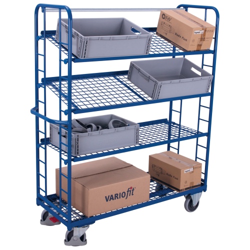 VARIOfit Etagenwagen mit vergitterten Seiten, Rohrschiebegriff und 3 neigbaren Drahtgitterböden