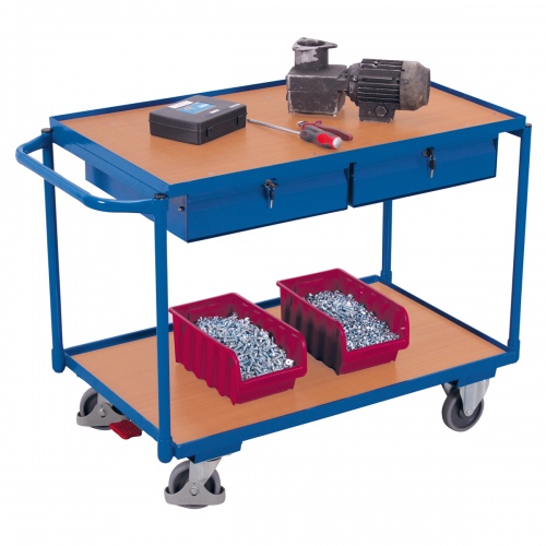 VARIOfit Tischwagen mit Schiebegriff, 2 Schubladen und 2 Ladeflächen 985x595mm