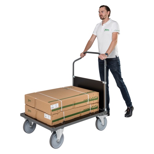 Kongamek ergonomischer Plattformwagen in dunkelgrau 1290x800x1065 mit MDF-Platte und Schiebebügel mit Gummibereifung und Bremse