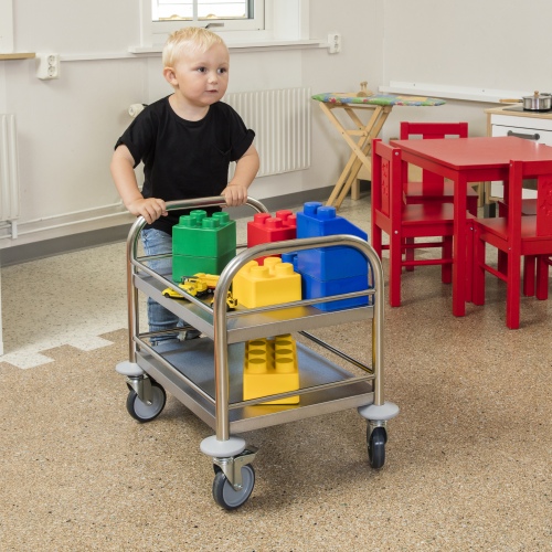 Kongamek kleiner Edelstahl- Tischwagen rostfrei mit 2 Böden mit Umrandung und Bremse