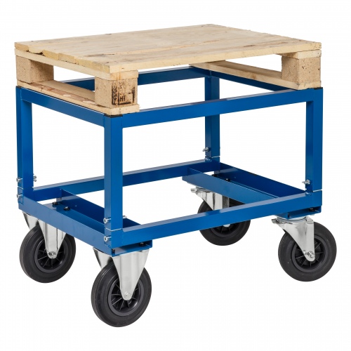 Kongamek Palettenwagen in blau 654mm hoch, höhenverstellbar mit Bremse für Halbpaletten 800x600mm