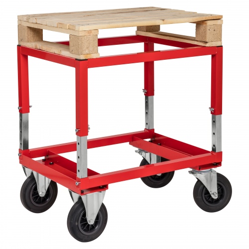 Kongamek Palettenwagen in rot 654mm hoch, höhenverstellbar ohne Bremse für Halbpaletten 800x600mm