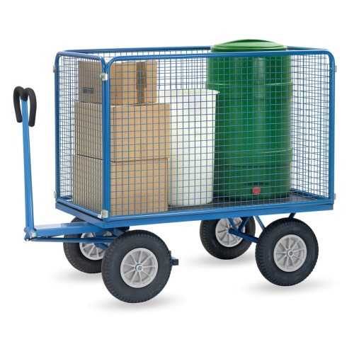 Fetra Handpritschenwagen mit hohen Drahtgitterwänden und Polyurethanbereifung, 1535x895mm Ladefläche 750kg Tragkraft