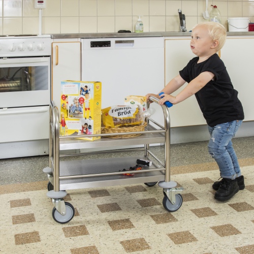 Kongamek kleiner Edelstahl- Tischwagen rostfrei mit 2 Böden mit Umrandung und Bremse