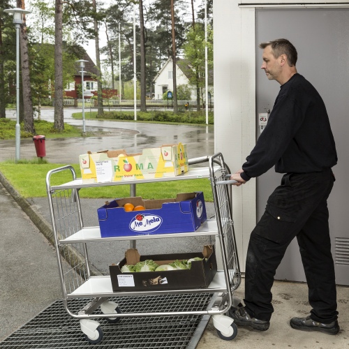 Kongamek Bordwagen verzinkt mit 4 laminierten Böden 1195x470mm und vergitterten Stirnwänden und Bremse